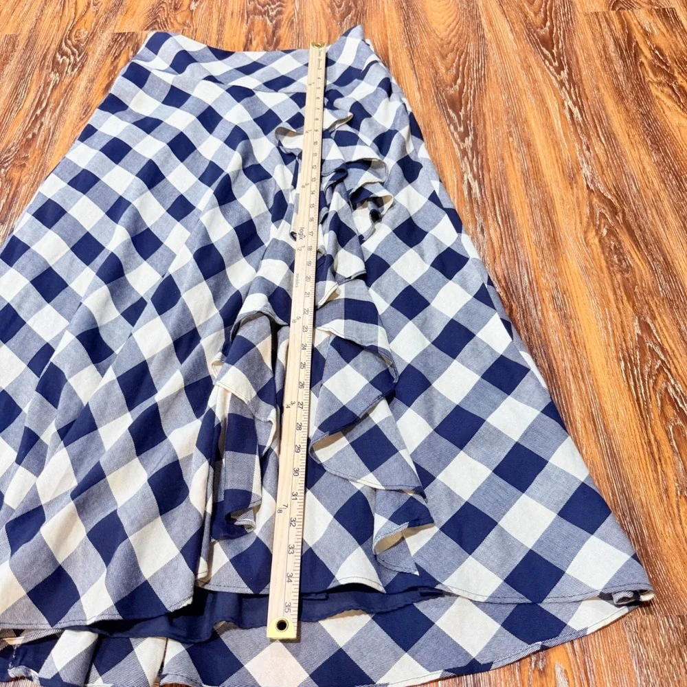 Ralph Lauren Navy Gingham Ruffle Front Midi Skirt Blue White Size 8 M Plaid - Picture 4 of 7